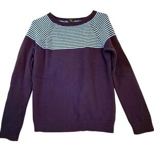 Talbots Women's Sweater Navy Blue Lambs Wool Blend Stripe Yoke Pullover Medium